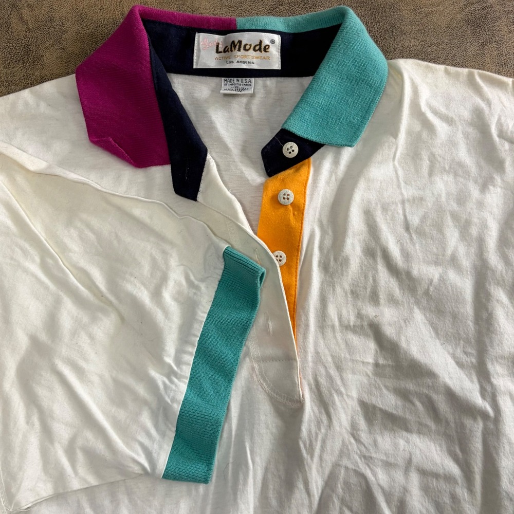 Lady La Mode Polo Shirt Womens XL White Colorblock Collar VTG Single Stitch